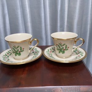 Pair of Lenox Holiday Dimension Holly Cups/Saucers